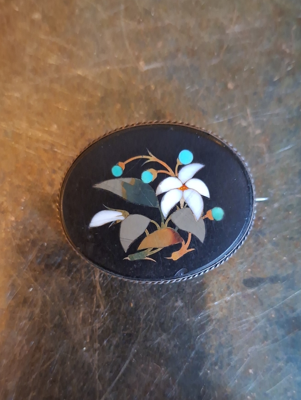 Antique 1850s Pietra Dura 800 Sterling Grand Tour Brooch